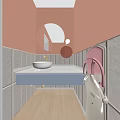 Pink Bathroom Interior With Light Blue Chair White Sink And Round Mirror