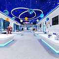 School Modern Science Lab Interior With Starry Sky Ceiling Planet Models Blue Circular Floor And Robot 3d model