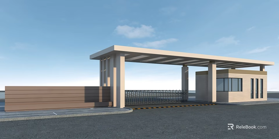 Covered Entrance Gate With Supporting Columns Brick Wall Metal Railings On Gray Pavement And Blue Sky 3d model 