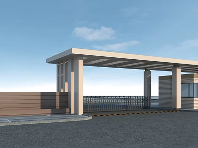 Covered Entrance Gate With Supporting Columns Brick Wall Metal Railings On Gray Pavement And Blue Sky 3d model