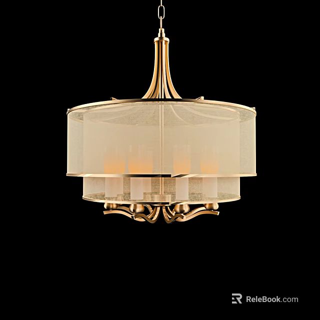 Elegant Golden Metal Frame Chandelier With Round Sheer Lampshade And Warm Light 3d model 