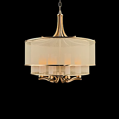 Elegant Golden Metal Frame Chandelier With Round Sheer Lampshade And Warm Light 3d model