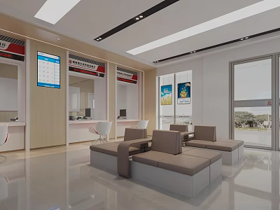Modern Public Service Hall Interior Featuring Service Counters Waiting Sofas Display Screens And Wall Posters 3d model