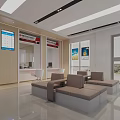 Modern Public Service Hall Interior Featuring Service Counters Waiting Sofas Display Screens And Wall Posters 3d model