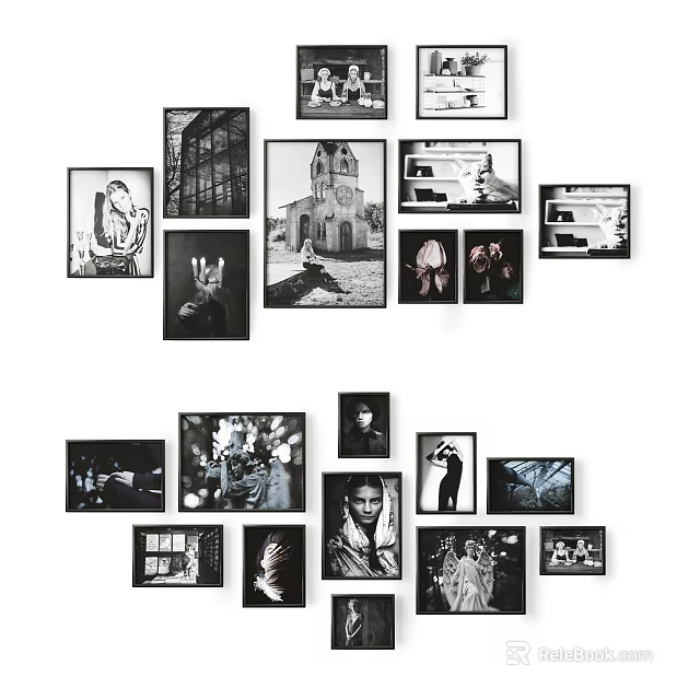 Modern Photo Wall Collage With Various Sizes Black And White 3d model 