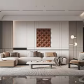 Elegant Living Room Interior With Beige Sofa Area Rug Coffee Table And Decorative Wall Art