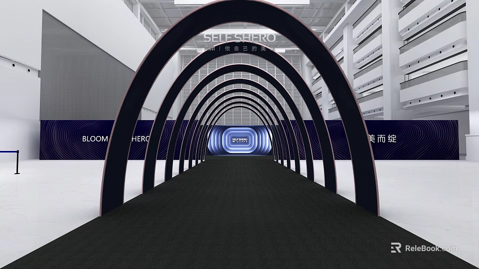 Modern Arched Tunnel Structure With LED Screen And Black Carpet 3d model 