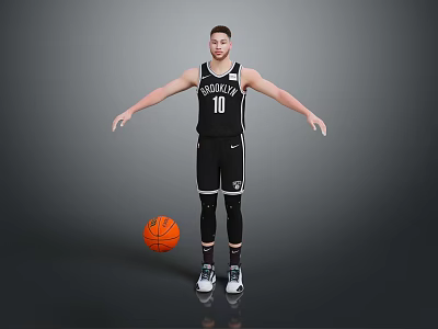 Man Wearing Brooklyn Nets Number 10 Black Jersey Standing with Arms Outstretched and Basketball 3d model
