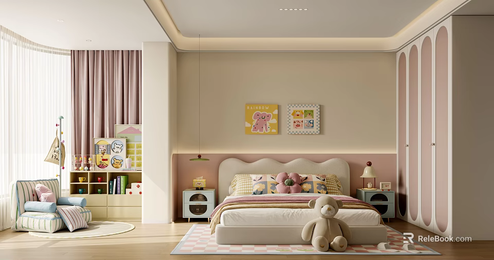 Cheerful Kids Room Interior With Wall Art Stuffed Toys Bookshelf Nightstands And Curtains 3d model 