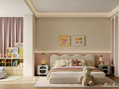 Cheerful Kids Room Interior With Wall Art Stuffed Toys Bookshelf Nightstands And Curtains 3d model