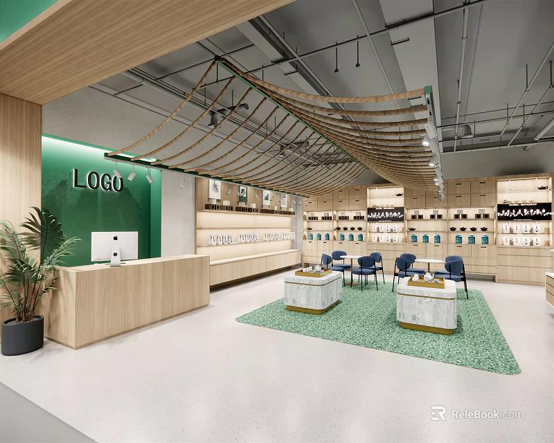 Modern Retail Store Interior With Green Wall Logo Wooden Counter And Product Displays 3d model 