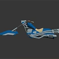 Blue Motorcycle With Long Front Fork Chrome Accents And Yellow Headlight