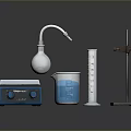 Household Items With Blue Heating Plate Flask Beaker With Blue Liquid Graduated Cylinder And Stand