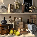 Elegant Kitchenware Display Featuring Coffee Grinder Glass Jars Wooden Boxes Lemons And Wine Bottles