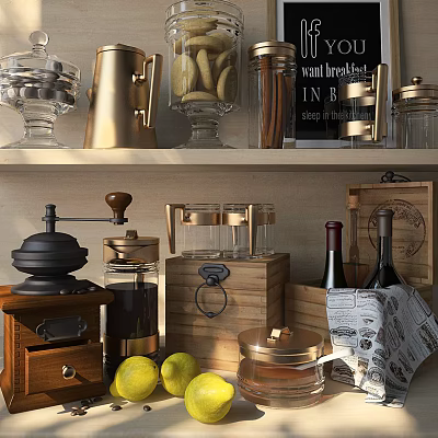 Elegant Kitchenware Display Featuring Coffee Grinder Glass Jars Wooden Boxes Lemons And Wine Bottles 3d model