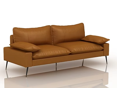 Modern Brown Leather Two Seater Sofa With Black Metal Legs And Armrest Cushions 3d model
