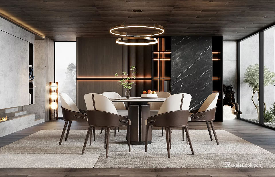 Modern Restaurant Interior With Round Table White Chairs Circular Pendant Lights Black Marble Wall 3d model 