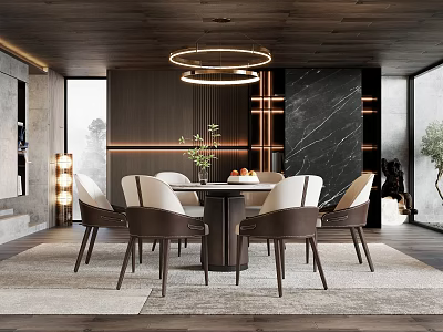 Modern Restaurant Interior With Round Table White Chairs Circular Pendant Lights Black Marble Wall 3d model