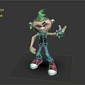 Animated Train with Green Haired Character Wearing Red Sneakers and Blue Pants 3d model