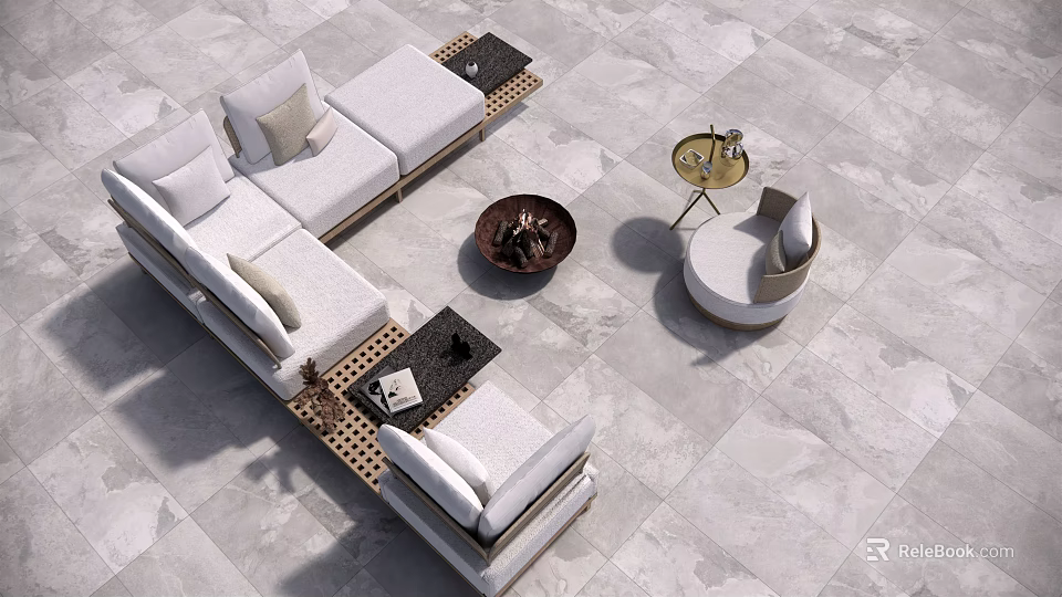 Light Colored L Shaped Outdoor Sofa With Cushions Coffee Table Side Table And Slate Floor 3d model 