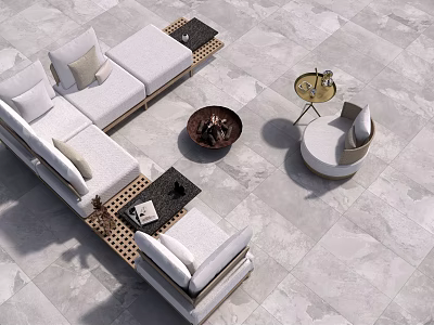 Light Colored L Shaped Outdoor Sofa With Cushions Coffee Table Side Table And Slate Floor 3d model