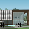 Modern Sales Office Building with Glass Facade Trees Lawn Outdoor Seating and People Around
