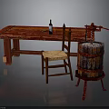 Rustic Red Wooden Table With Chair And Barrel Furniture Plus Wine Bottle