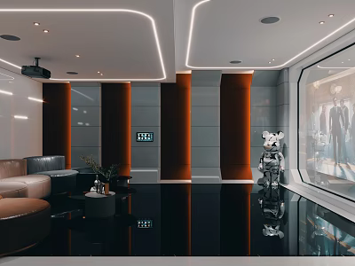 Modern Home Theater Interior Design With Comfortable Sofa Projector Screen Surround Sound And Ambient Lighting 3d model