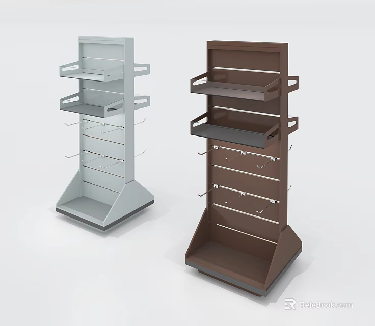 Gray And Brown Multi Tier Display Shelves With Hooks For Retail 3d model