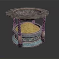 Traditional Decorative Table With Round Top Storage Base Columns Yellow Filling and Blue Gray Accents