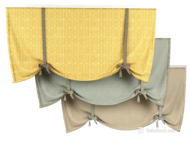 Stylish Yellow Gray Beige Curtains With Geometric Pattern And Tiebacks For Home Decor 3d model