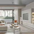 Modern Living Room Interior With Curved Sofa Coffee Table TV Lit Shelves And Large Windows