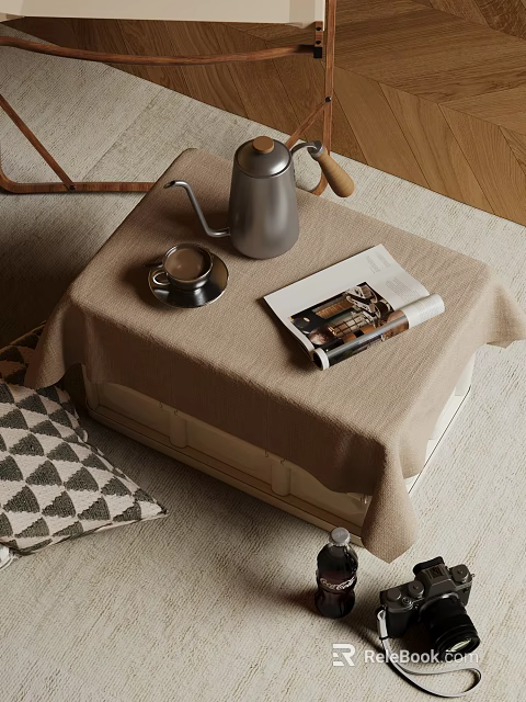 Stylish Coffee Table with Beige Tablecloth Silver Kettle Small Cup Open Magazine and Geometric Pillow 3d model 