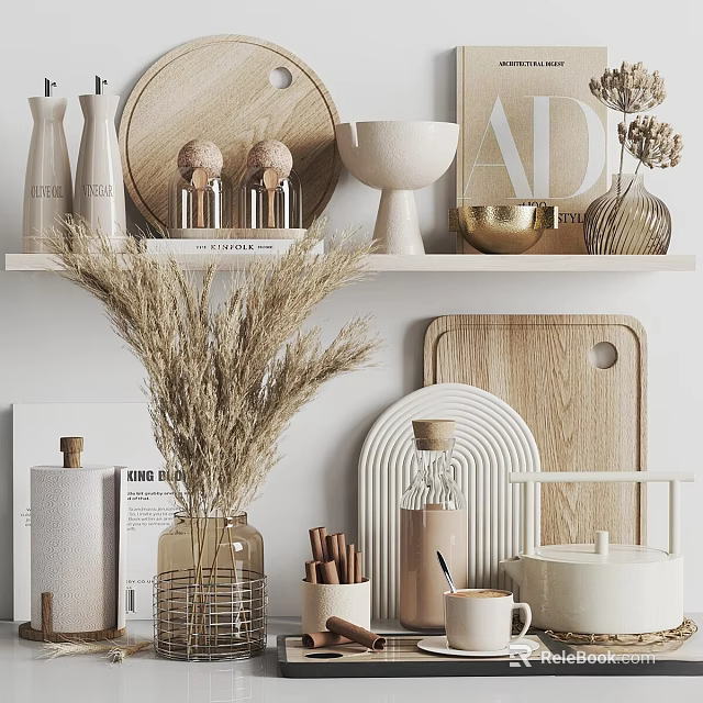 Minimalist Decorative Ornament Set With Dried Pampas Grass Wooden Vases Ceramic Accents And Books 3d model 