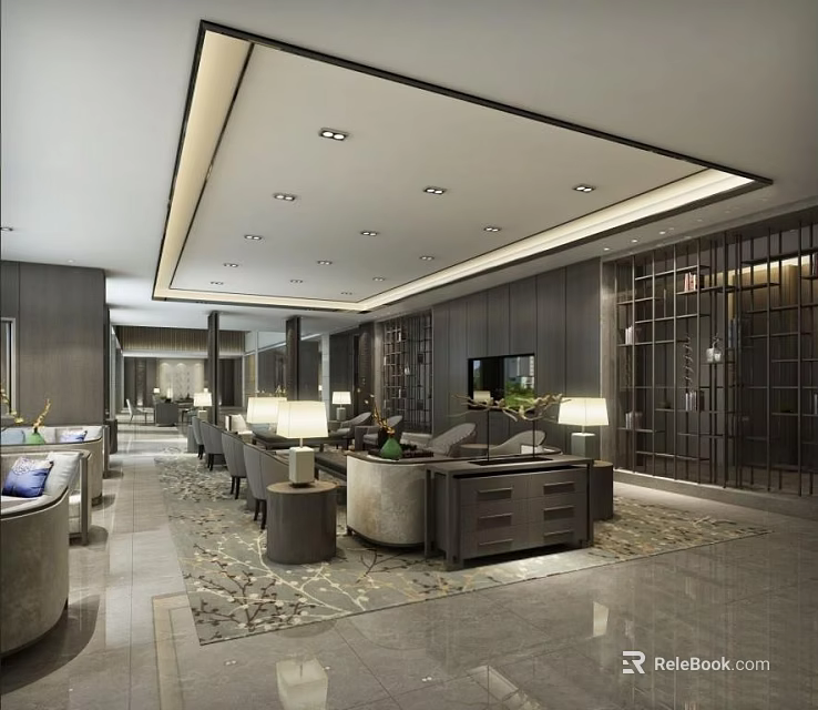 Modern Hotel Public Lounge Area With Comfortable Sofas Coffee Tables And Elegant Lighting 3d model