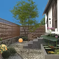 Traditional Chinese Courtyard Garden With Trees Vines Wooden Chairs Table And Pebble Stone Floor