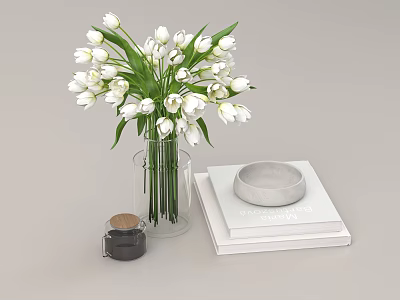 Clear Glass Vase With White Tulips Stack Of Books Gray Round Dish And Black Jar 3d model