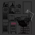 Modern Home Desk Setup With Bookshelf Storage Laptop Lamp And Comfortable Chair