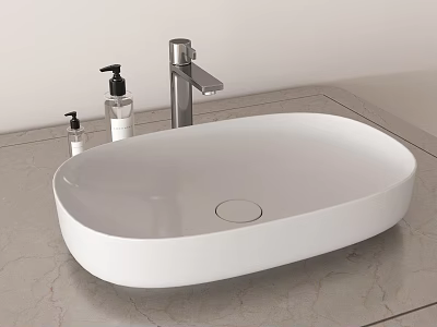 Elegant White Washbasin With Silver Faucet And Soap Bottles On Marble Countertop 3d model