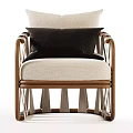 Modern Single Sofa With Beige Fabric Wooden Armrests And Black Throw Pillow