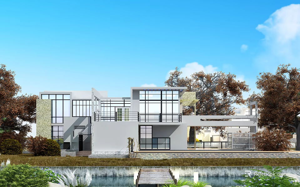 Modern Detached Villa With Large Glass Windows And Lakeside Terrace View 3d model 