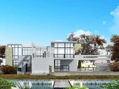 Modern Detached Villa With Large Glass Windows And Lakeside Terrace View 3d model