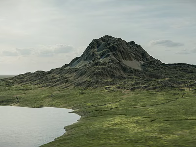 Garden Landscape With Green Mountain Grassland And Lake Under Cloudy Sky 3d model