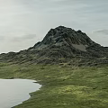 Garden Landscape With Green Mountain Grassland And Lake Under Cloudy Sky