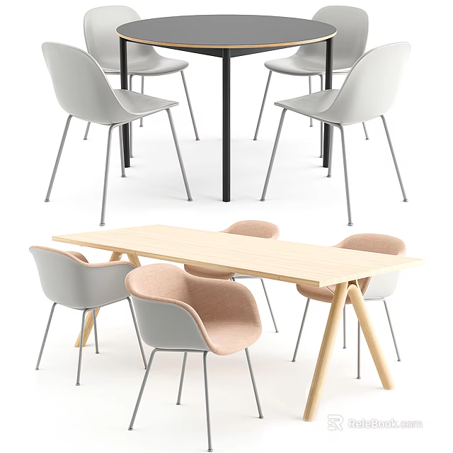 Round and Rectangular Dining Table Sets with Gray Pink Chairs and Wooden Top 3d model