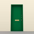 Stylish Green Hinged Door With Gold Handle And Mail Slot Design
