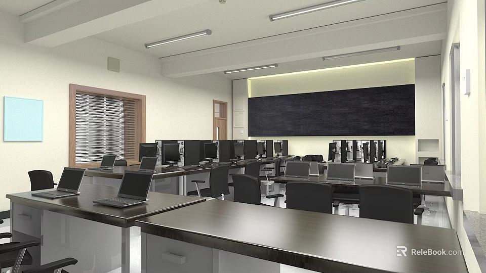 School Computer Classroom Interior With Long Desks Rows of Computers And Blackboard Setup 3d model