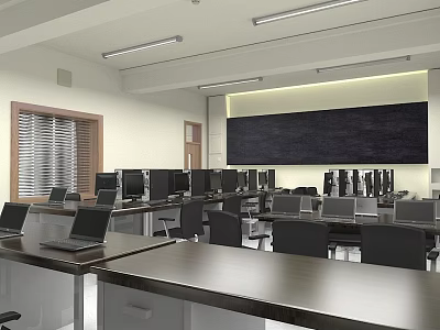 School Computer Classroom Interior With Long Desks Rows of Computers And Blackboard Setup 3d model
