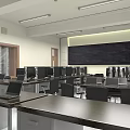 School Computer Classroom Interior With Long Desks Rows of Computers And Blackboard Setup 3d model