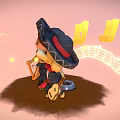Happy Cartoon Girl and Dog in Sombreros Playing Harp Guitar with Music Notes and Rose